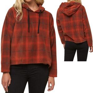 O'Neill Superfleece Pullover Hooded Sweatshirt Womens Medium Orange Plaid Cozy